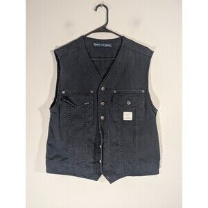 Vintage Bossini Jeans Denim Vest Mens Sz XL Black Ribbed Trucker Biker Retro